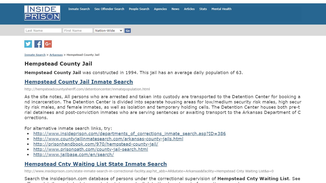 Hempstead County Jail - Arkansas - Inmate Search